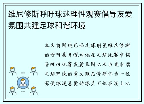 维尼修斯呼吁球迷理性观赛倡导友爱氛围共建足球和谐环境