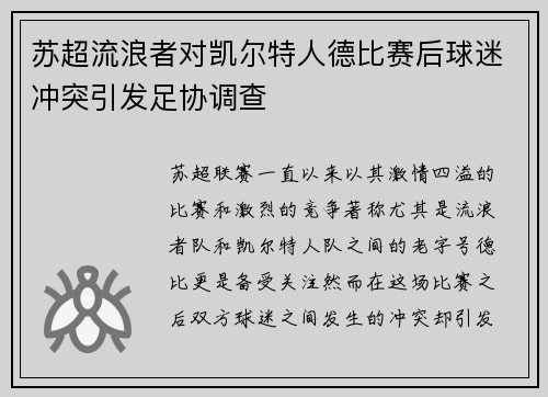 苏超流浪者对凯尔特人德比赛后球迷冲突引发足协调查 苏超流浪者对凯尔特人德比赛后球迷冲突引发足协调查