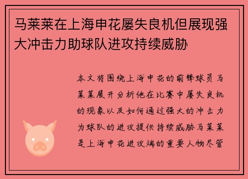 马莱莱在上海申花屡失良机但展现强大冲击力助球队进攻持续威胁