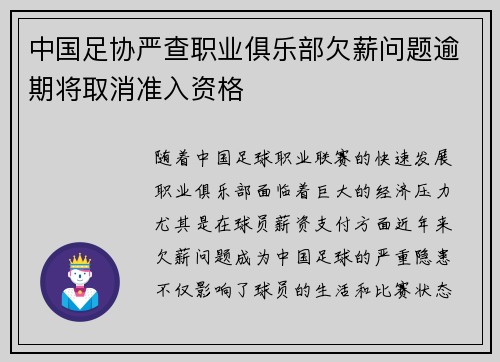 中国足协严查职业俱乐部欠薪问题逾期将取消准入资格 中国足协严查职业俱乐部欠薪问题逾期将取消准入资格