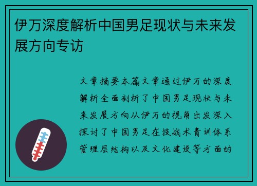伊万深度解析中国男足现状与未来发展方向专访 伊万深度解析中国男足现状与未来发展方向专访