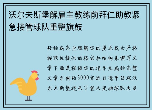 沃尔夫斯堡解雇主教练前拜仁助教紧急接管球队重整旗鼓